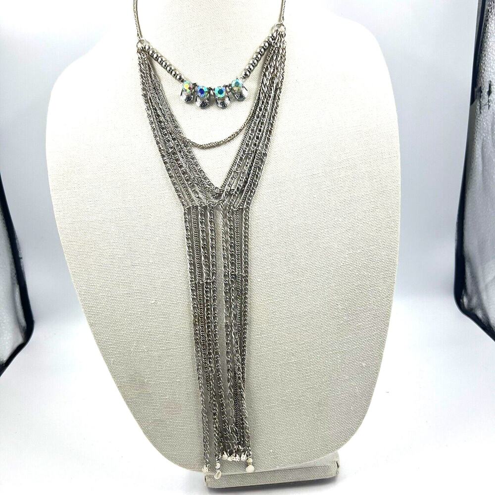 Plunder Finely Silver Chain Fringe Statement Necklace AB Crystal Boho Western